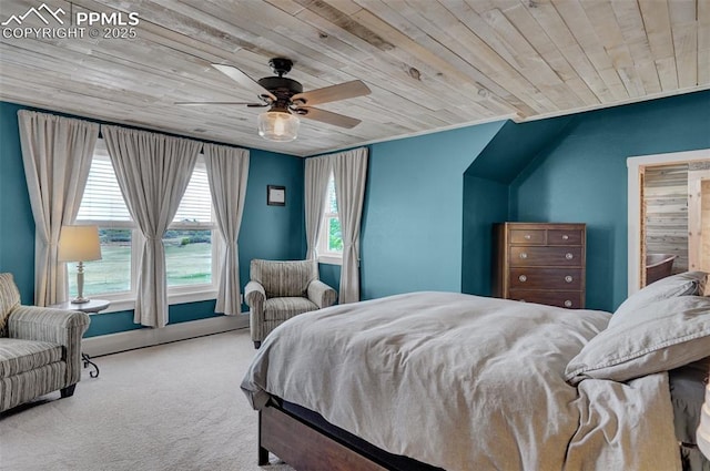 bedroom with ceiling fan, carpet, and wooden ceiling