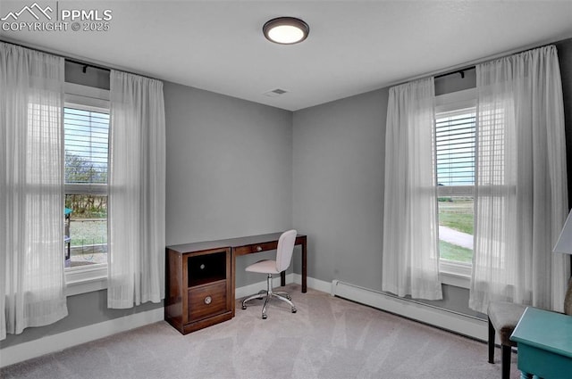 carpeted office with a baseboard radiator, visible vents, and baseboards