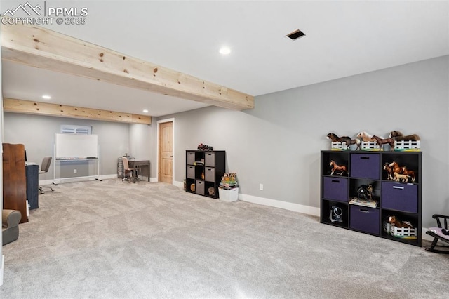 rec room with carpet floors, recessed lighting, beam ceiling, and baseboards