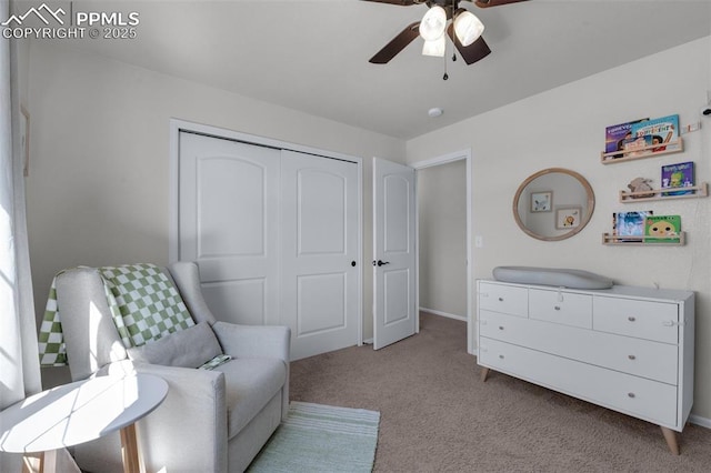 living area with light carpet and a ceiling fan