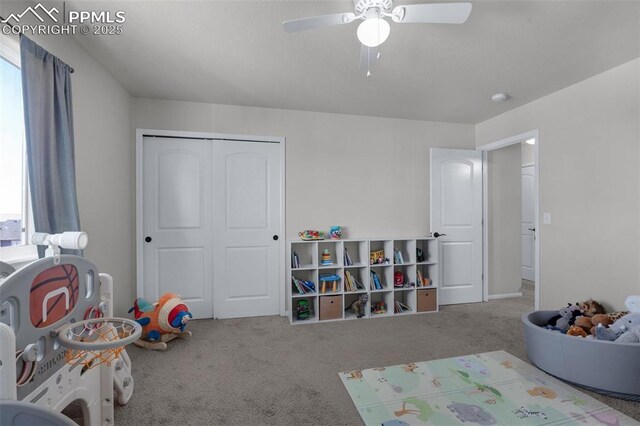 rec room featuring carpet floors, plenty of natural light, and ceiling fan