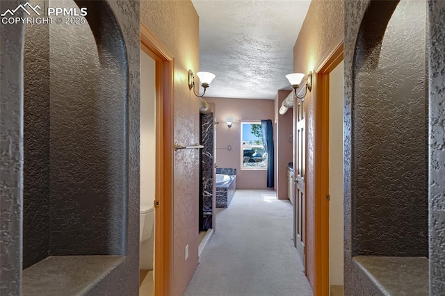 hall with a textured ceiling, a textured wall, and carpet flooring