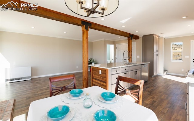 dining room featuring dark wood-style flooring, recessed lighting, ornamental molding, beamed ceiling, and baseboards