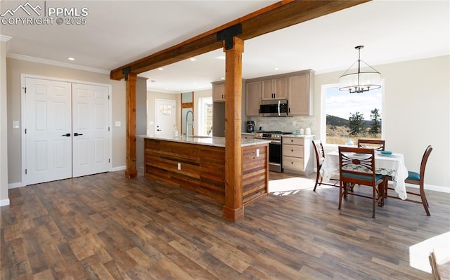 kitchen with dark wood-style floors, tasteful backsplash, appliances with stainless steel finishes, a sink, and a peninsula