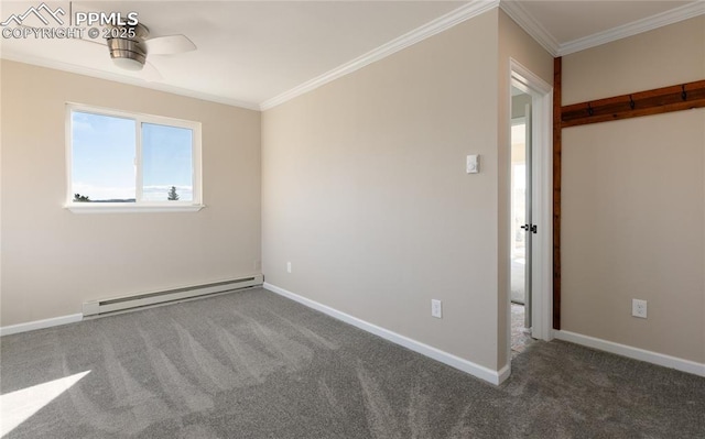 carpeted spare room with baseboards, ornamental molding, and baseboard heating