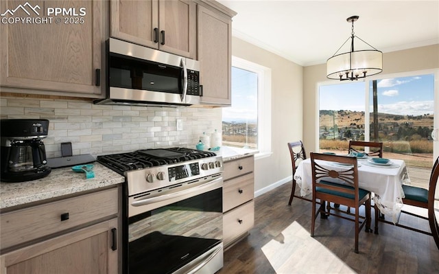 kitchen featuring dark wood-style flooring, baseboards, ornamental molding, appliances with stainless steel finishes, and backsplash