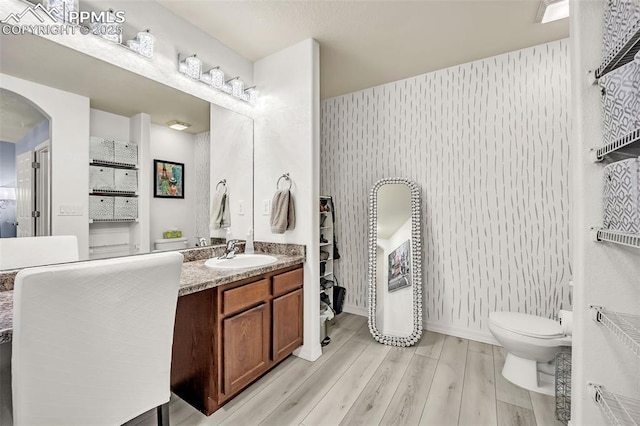 bathroom with vanity, toilet, and wood finished floors