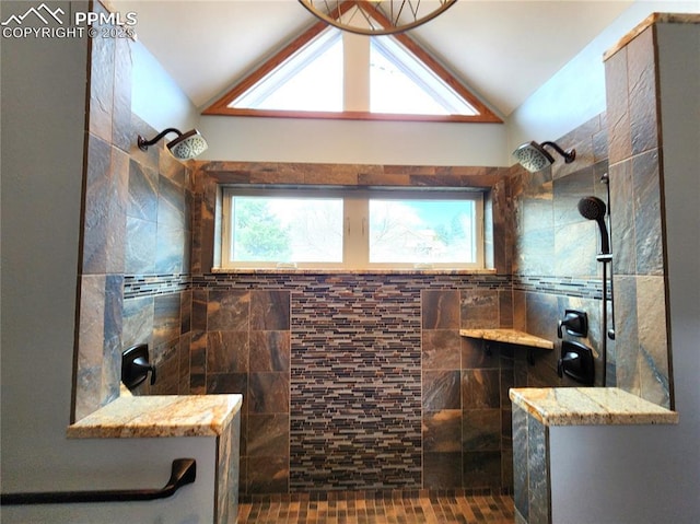 bathroom with lofted ceiling and walk in shower