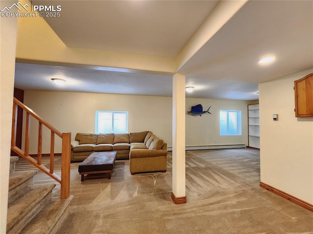 carpeted living room with stairs, baseboards, and a baseboard radiator