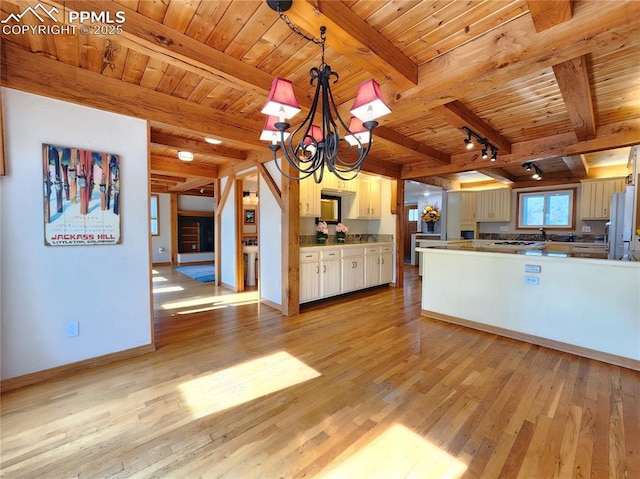 kitchen featuring light wood finished floors, baseboards, beamed ceiling, wooden ceiling, and freestanding refrigerator