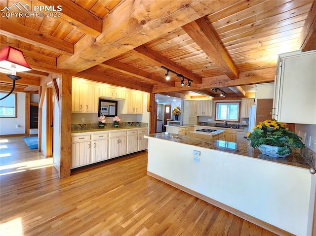 kitchen featuring wooden ceiling, a peninsula, light wood-type flooring, and beam ceiling