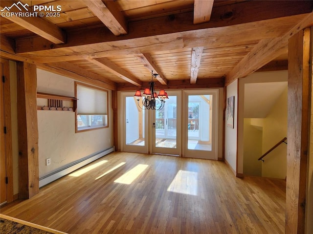 unfurnished dining area with wood finished floors, a baseboard radiator, an inviting chandelier, wood ceiling, and beamed ceiling