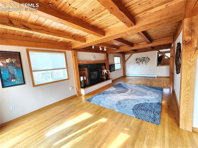 living room with hardwood / wood-style floors, a tile fireplace, wood ceiling, and a baseboard radiator