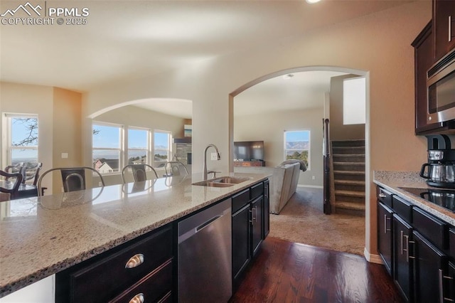 kitchen with a sink, stainless steel appliances, light stone counters, and a wealth of natural light