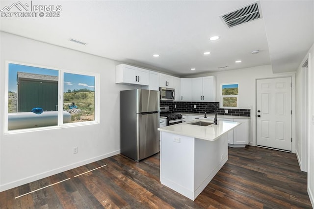 kitchen with tasteful backsplash, visible vents, stainless steel appliances, and a sink