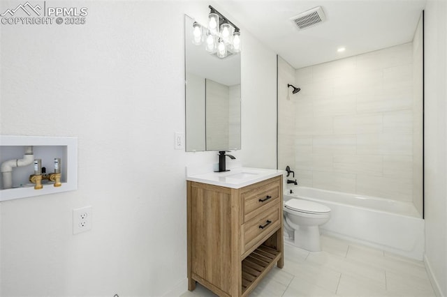 full bath featuring toilet, visible vents, tub / shower combination, and vanity