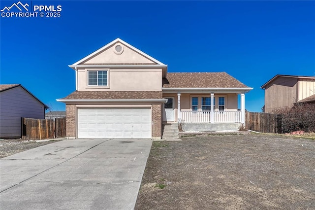 view of front of home featuring a porch, a garage, fence, driveway, and stucco siding