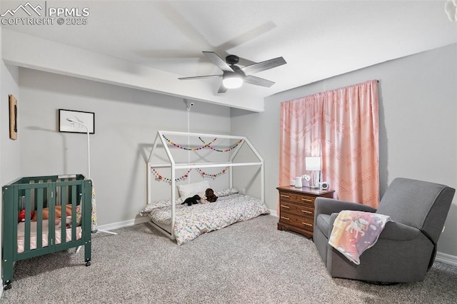 bedroom featuring ceiling fan, baseboards, and carpet flooring