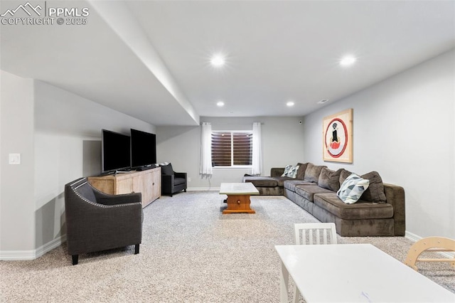 living room with baseboards, carpet flooring, and recessed lighting