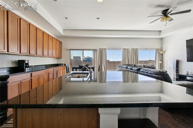 kitchen with a healthy amount of sunlight, brown cabinets, a sink, and open floor plan