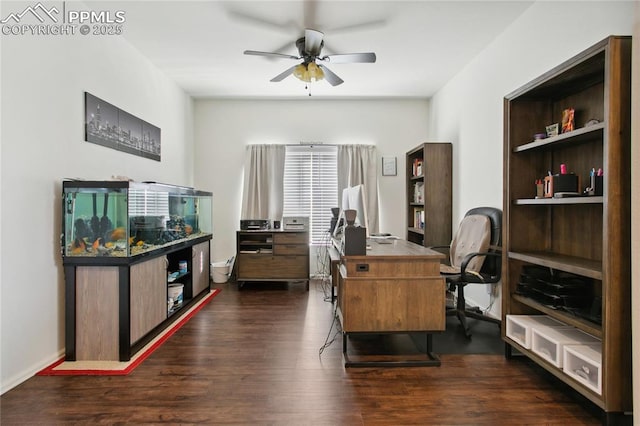 home office with a ceiling fan and dark wood-style flooring