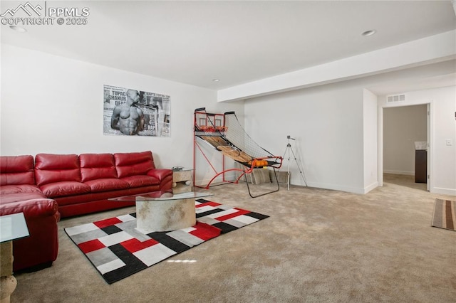 carpeted living area featuring baseboards and visible vents