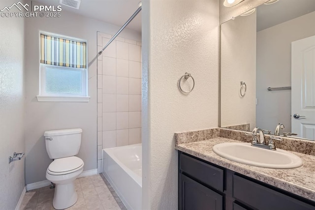 full bathroom with visible vents, baseboards, toilet, tile patterned floors, and vanity