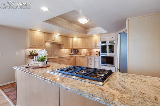 kitchen with tasteful backsplash, appliances with stainless steel finishes, light stone counters, a tray ceiling, and light brown cabinets