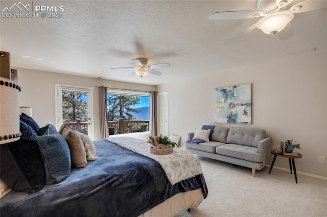 bedroom with light carpet, a textured ceiling, a ceiling fan, and access to exterior