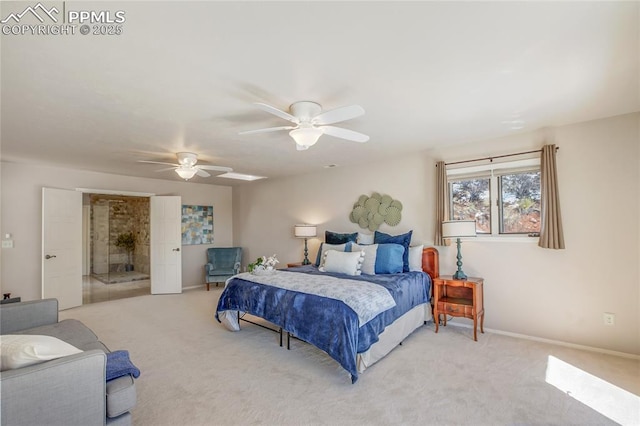 bedroom with ceiling fan, carpet floors, and baseboards