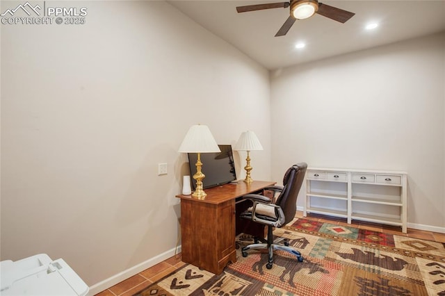 office area featuring tile patterned flooring, baseboards, a ceiling fan, and recessed lighting