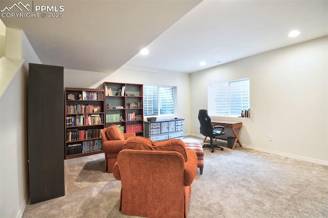 home office featuring carpet flooring, recessed lighting, and baseboards