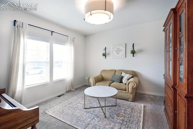 living area with baseboards and carpet floors