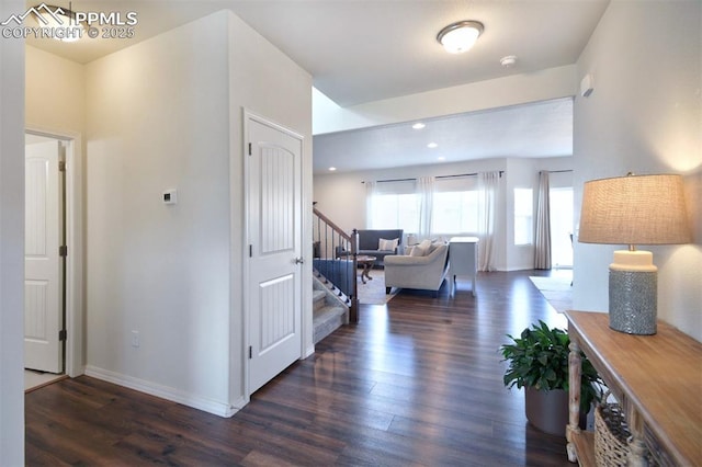 entrance foyer featuring stairs, recessed lighting, wood finished floors, and baseboards