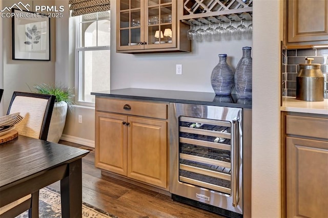 bar with beverage cooler, baseboards, backsplash, dark wood-style floors, and a dry bar