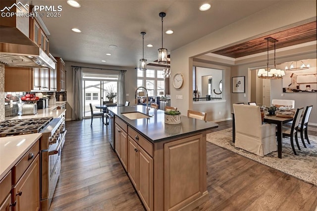 kitchen with appliances with stainless steel finishes, dark wood finished floors, a sink, and wall chimney range hood