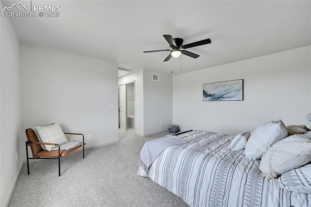 bedroom with a ceiling fan, carpet, visible vents, and baseboards