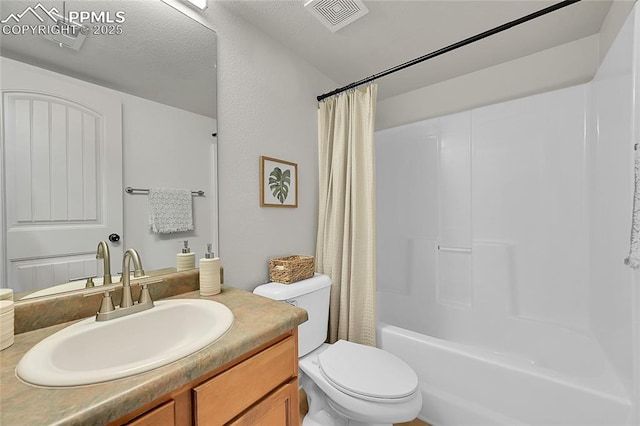 full bath with visible vents, toilet, vanity, a textured ceiling, and shower / bath combination with curtain