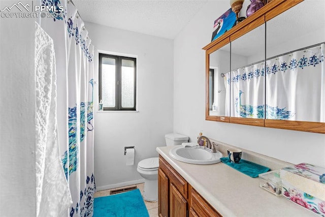 bathroom with visible vents, a shower with shower curtain, toilet, a textured ceiling, and vanity