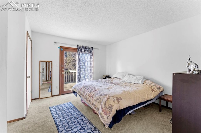 bedroom with access to exterior, baseboards, a textured ceiling, and light colored carpet