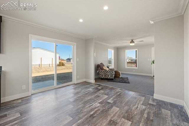 unfurnished room featuring baseboards, a ceiling fan, dark wood-type flooring, crown molding, and recessed lighting