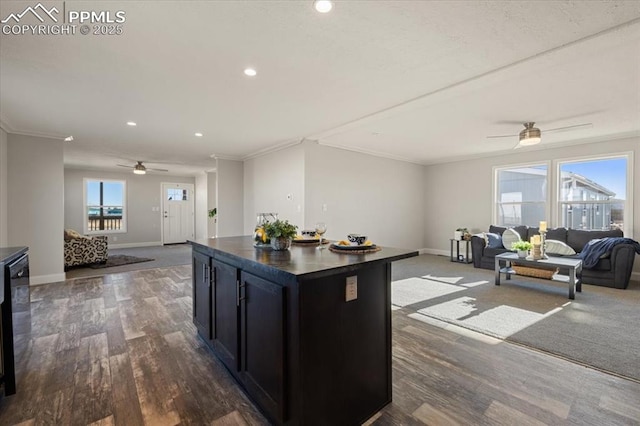 kitchen with dark countertops, ornamental molding, open floor plan, and dark cabinets