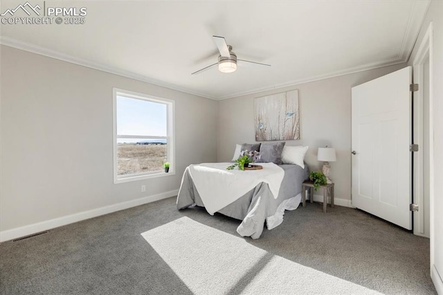 carpeted bedroom with ornamental molding, a ceiling fan, visible vents, and baseboards