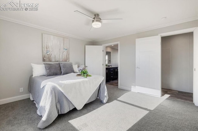 bedroom featuring ornamental molding, carpet flooring, and baseboards