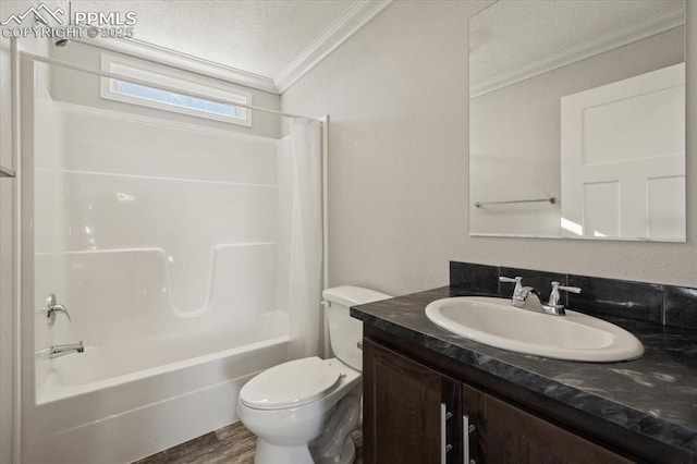 full bathroom with crown molding, toilet, shower / tub combo, vanity, and a textured ceiling