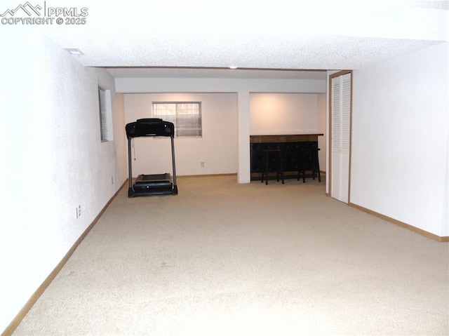 exercise area featuring baseboards, a textured ceiling, and carpet flooring