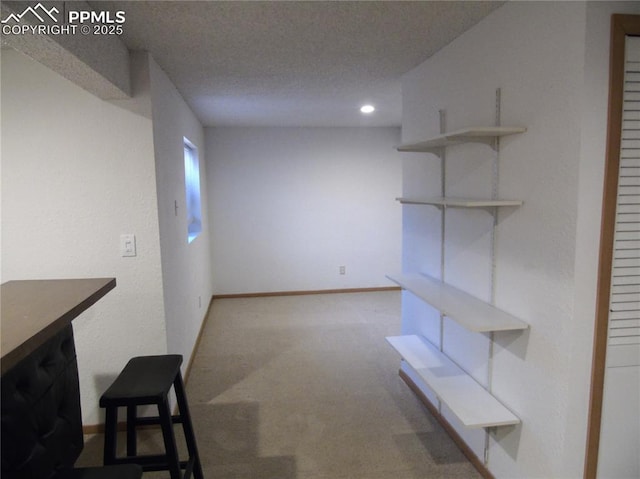 interior space featuring a textured ceiling, baseboards, and carpet floors