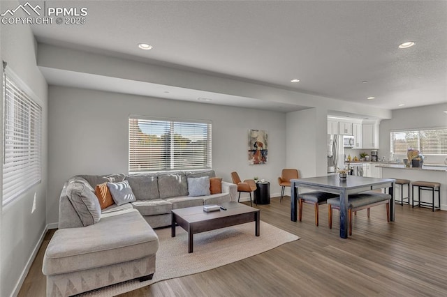 living room featuring recessed lighting, baseboards, a textured ceiling, and wood finished floors