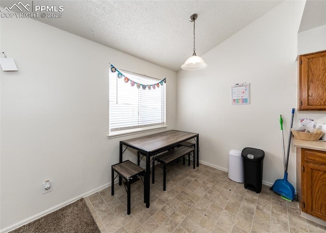 997 Magnolia St, Colorado Springs, CO 80907 - dining space with baseboards, a textured ceiling, and vaulted ceiling