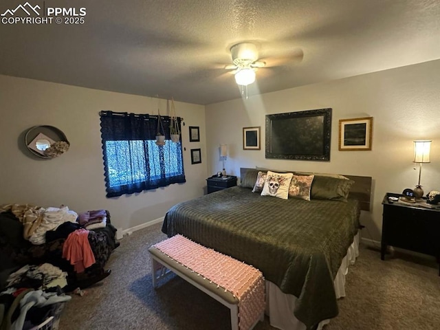 bedroom featuring baseboards, ceiling fan, a textured ceiling, and carpet